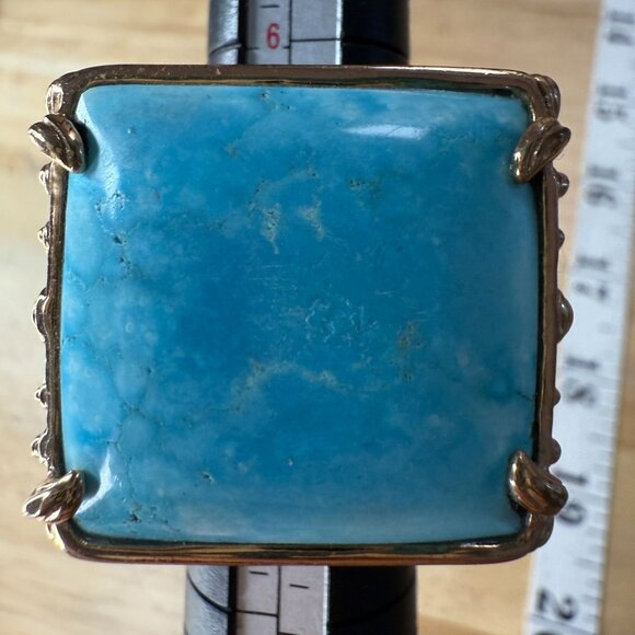 Large Turquoise Blue Square Stone Ring Size 8 With Ornate Gold-Toned Band Vintag - Picture 4 of 12